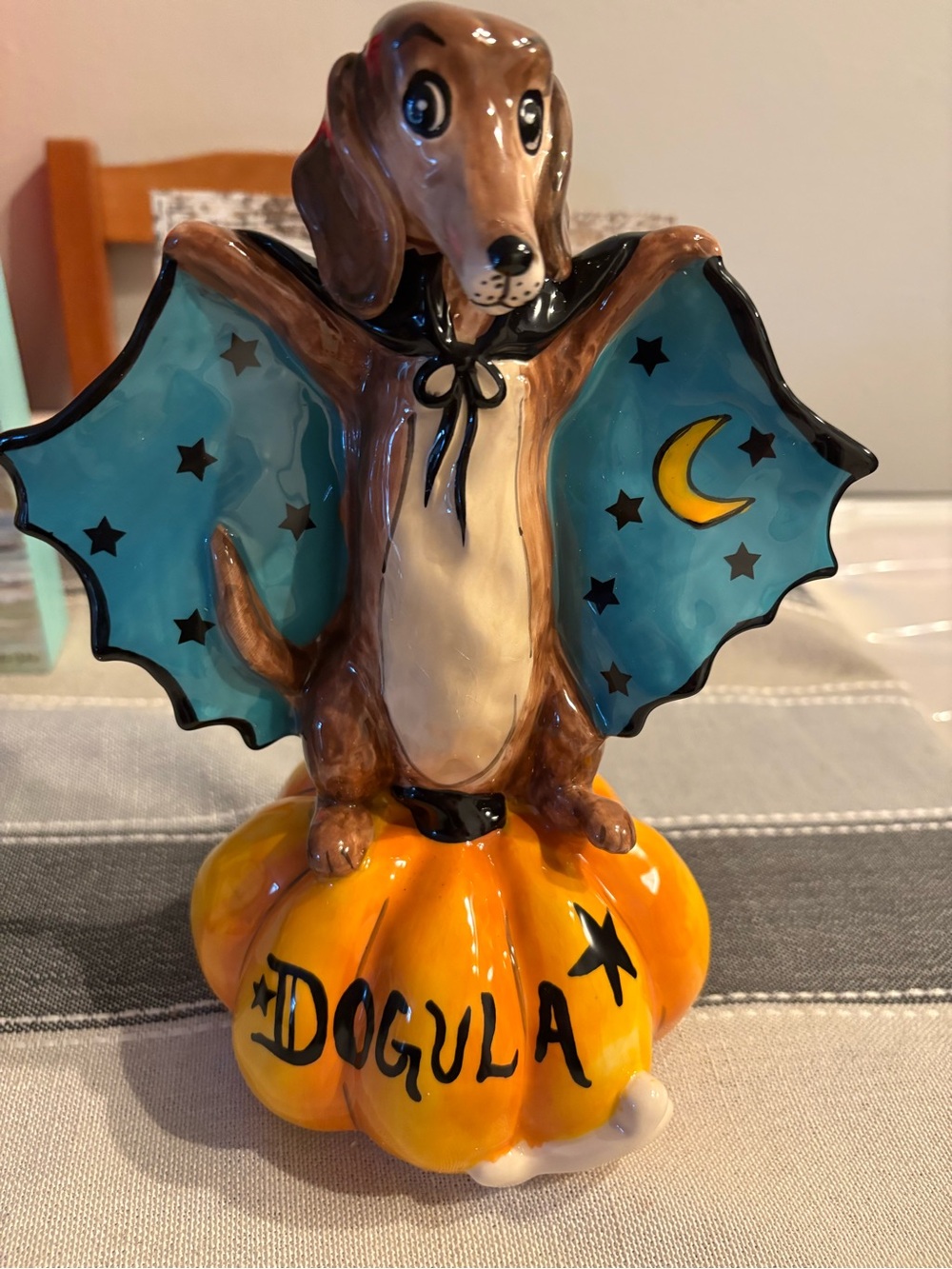 Blue sky clay works Dogula Halloween Dachshund Figurine - Brown and Orange